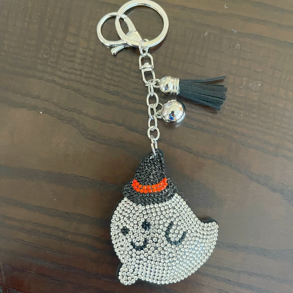 Ghost Keychain with Rhinestones and Witch Hat